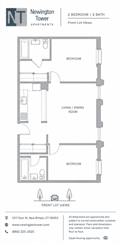 Floor Plan  A floor plan for a 2 bedroom, 2 bath apartment with a living/dining room.