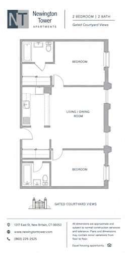 Floor Plan  A floor plan for the Newington Tower apartments showing two bedrooms and two bathrooms.