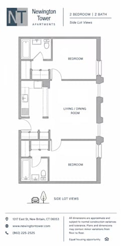 Floor Plan  A floor plan for a 2 bedroom, 2 bath apartment at Newington Tower.