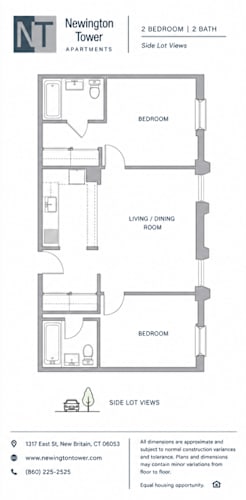 Floor Plan  A floor plan for a 2 bedroom, 2 bath apartment at Newington Tower.