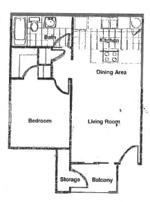 Floor Plan  A floor plan of a living space showing a kitchen, dining area, bedroom, living room, storage, and balcony.