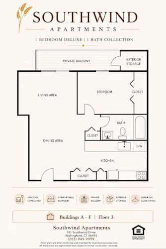 Floor Plan  A floor plan for Southwind Apartments showing a living area, dining area, kitchen, and bathroom.