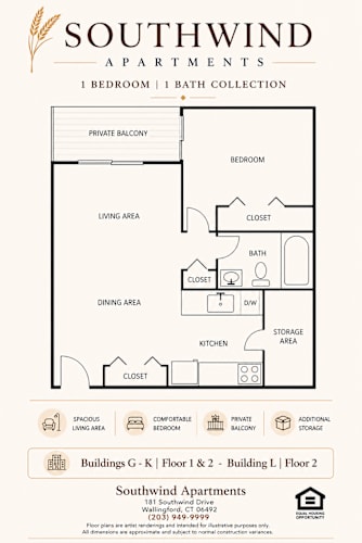 Floor Plan  A floor plan for Southwind Apartments showing a one bedroom apartment with a private balcony.