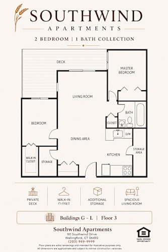 Floor Plan  A floor plan for Southwind Apartments showing a 2 bedroom, 1 bath apartment layout.