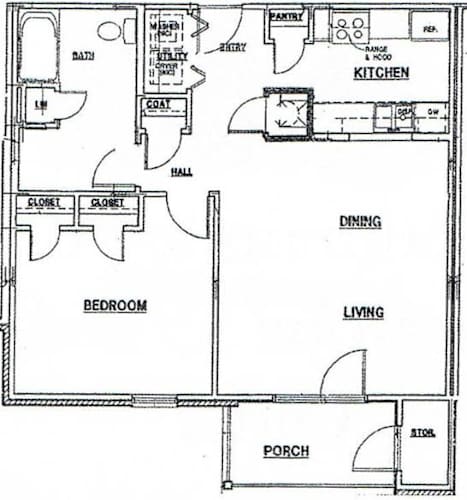 Floor Plan  A black and white floor plan of a house with labeled rooms such as kitchen, living room, and bedroom.