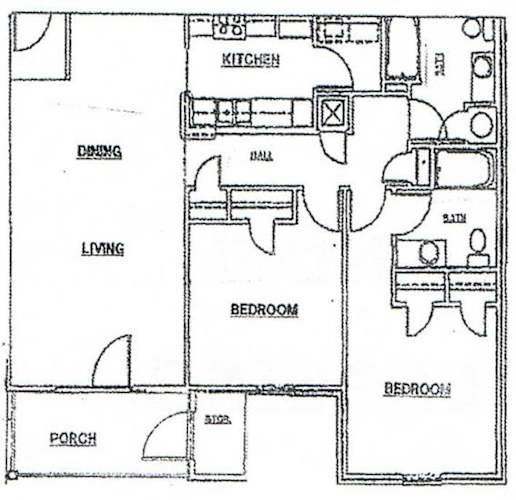 Floor Plan  A black and white image of a floor plan for a house with labeled rooms such as kitchen, living room, and bedroom.