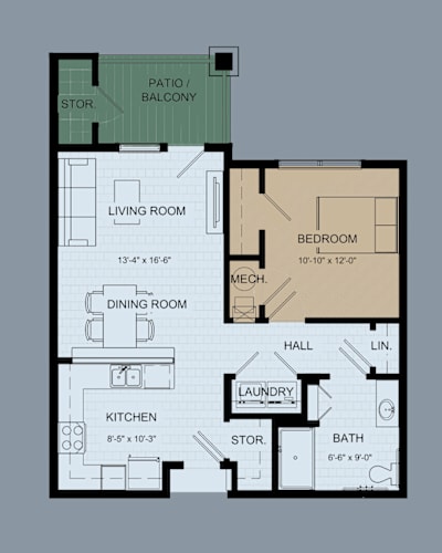 Floor Plan  A floor plan of a house with a living room, dining room, kitchen, and bathroom.