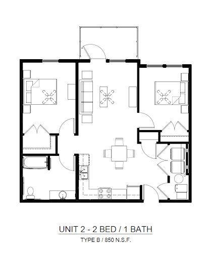 Floor Plan  A black and white image of a floor plan for a 2-bedroom, 1 bathroom apartment.
