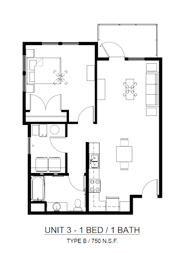 Floor Plan  A black and white image of a floor plan for a 1 bedroom, 1 bathroom unit.