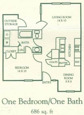 Floor Plan  A floor plan for a one bedroom/one bath apartment sized 686 sq.ft.