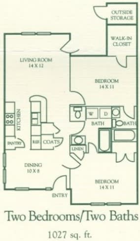 Floor Plan  A floor plan of a small apartment with two bedrooms and two bathrooms.