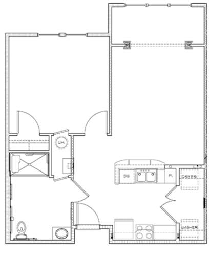 Floor Plan  A floor plan of a house with a kitchen, living room, and two bedrooms.