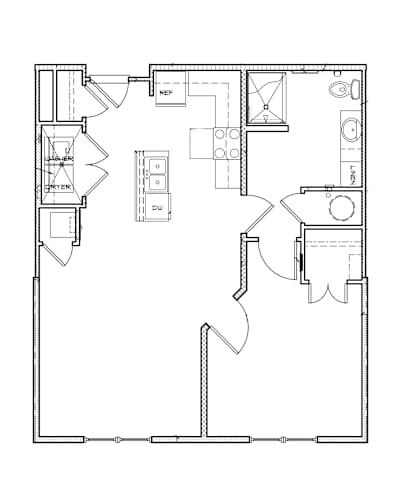 Floor Plan  A floor plan of a house with a kitchen, living room, and bathroom.