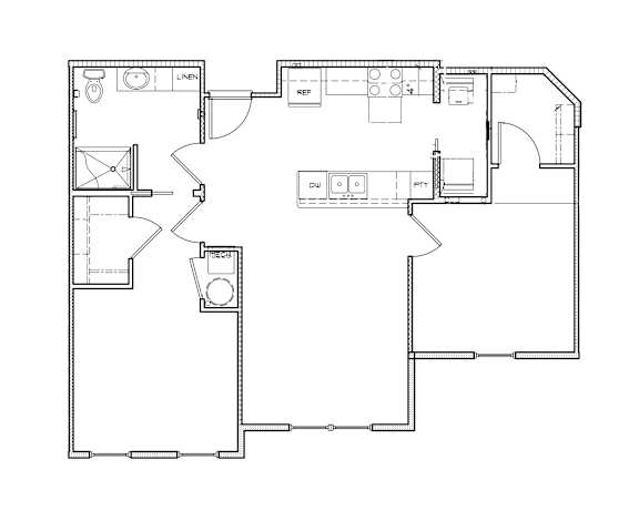 Floor Plan  A floor plan of a house with a kitchen, living room, and bathroom.