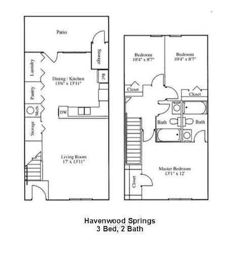 Floor Plan  A drawing of a 3 bedroom, 2 bath house plan.