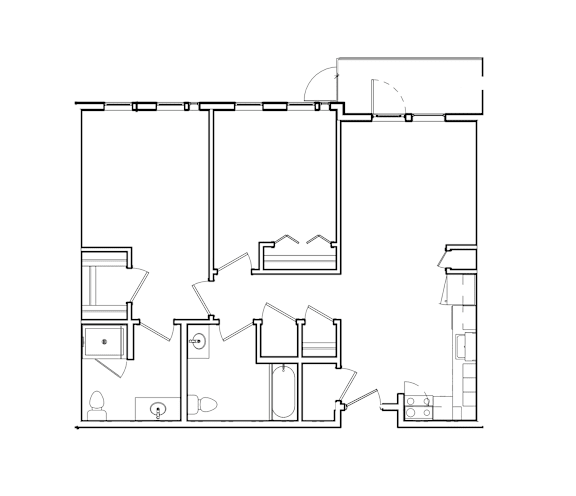 Floor Plan  A black and white floor plan of a house with a kitchen, living room, and bedrooms.