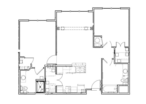 Floor Plan  A floor plan of a house with a kitchen, living room, and bedrooms.