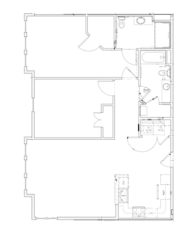 Floor Plan  A floor plan of a house with a kitchen, living room, and two bedrooms.