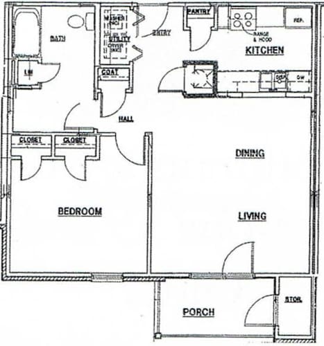 Floor Plan  A floor plan of a house with a kitchen, dining room, living room, bedroom, and porch.