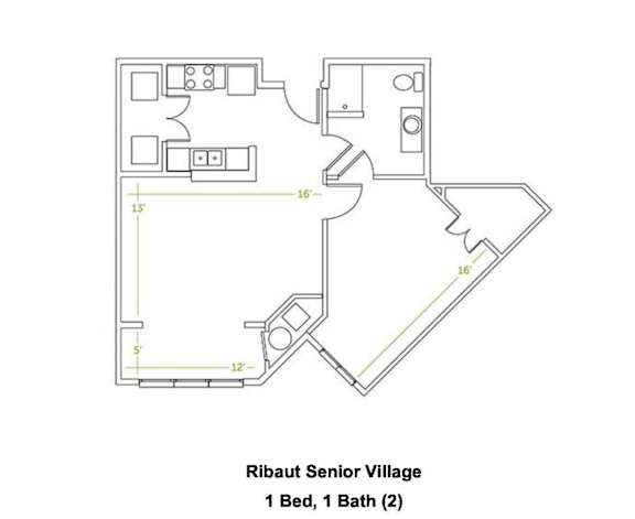 Floor Plan  A floor plan for a senior living facility with one bedroom and one bathroom.