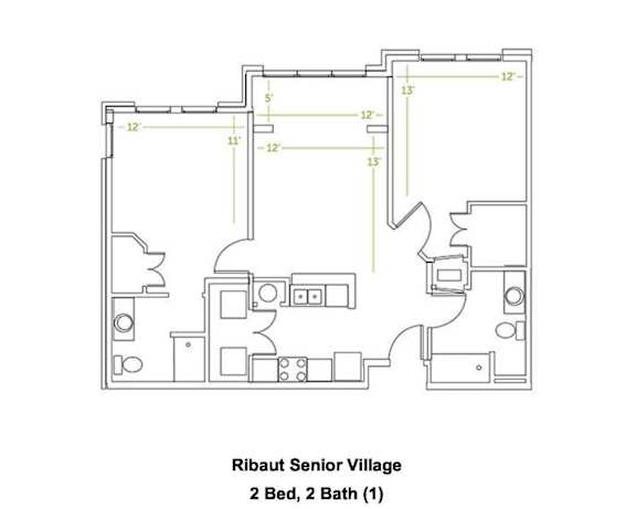 Floor Plan  A floor plan of a senior living facility with two bedrooms and one bathroom.