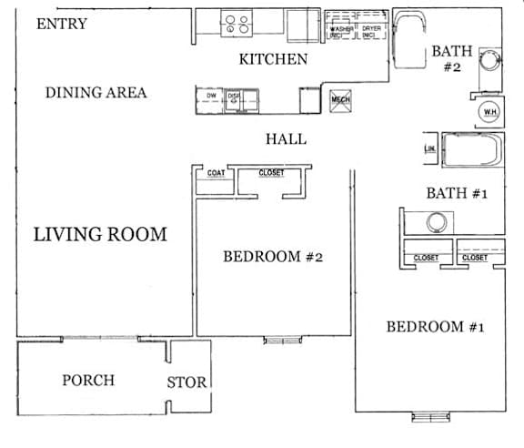 Floor Plan  A floor plan of a house with a living room, dining area, kitchen, two bathrooms, two bedrooms, a porch, and a storage area.