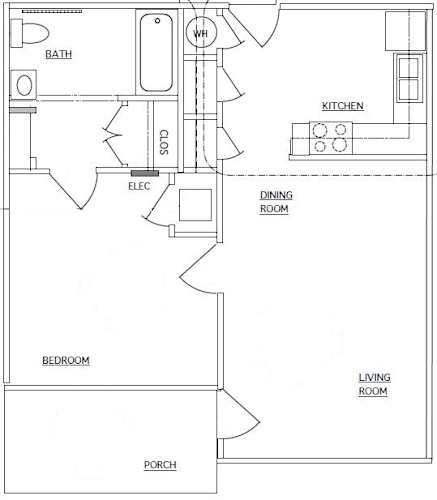 Floor Plan  A floor plan of a house with a living room, dining room, kitchen, bedroom, bathroom, and porch.