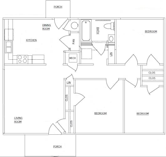 Floor Plan  A black and white floor plan of a house with labeled rooms.