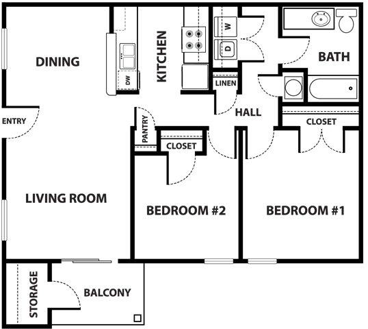 Floor Plan  A floor plan of a house with labeled rooms such as a kitchen, living room, and bedrooms.
