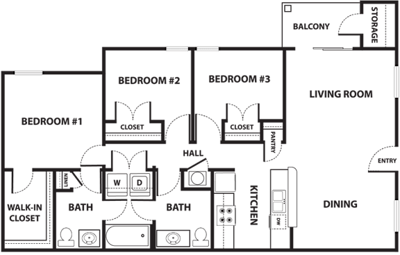Floor Plan  A floor plan of a house with three bedrooms, a living room, a dining area, a kitchen, two bathrooms, a walk-in closet, and a balcony.