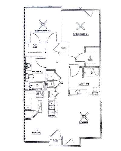 Floor Plan  A floor plan of a house with two bedrooms, two bathrooms, a living room, and a dining room.