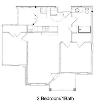Floor Plan  A floor plan of a 2 bedroom/1 bathroom apartment.