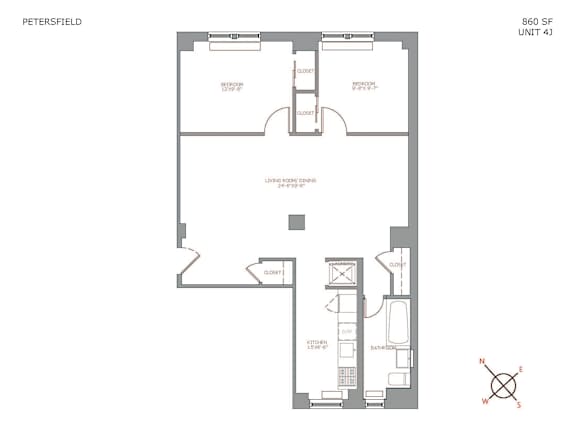 Floor Plan  A floor plan of a Petersfield apartment, unit 43, shows a living room, dining room, kitchen, and bathrooms.