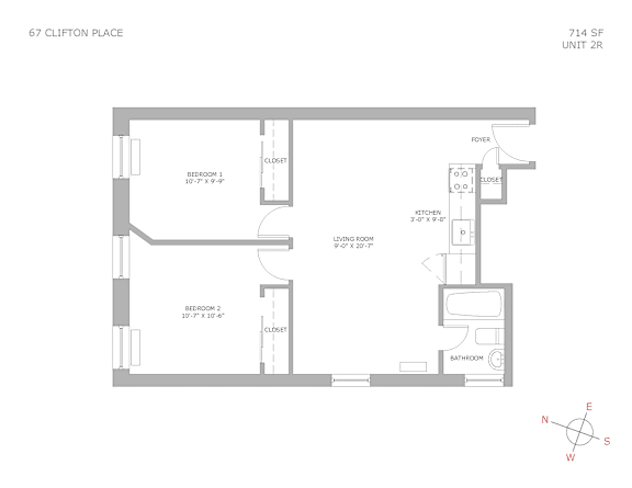 Floor Plan  A floor plan for a unit at 67 Clifton Place shows a living room, a bedroom, a bathroom, and a kitchen.