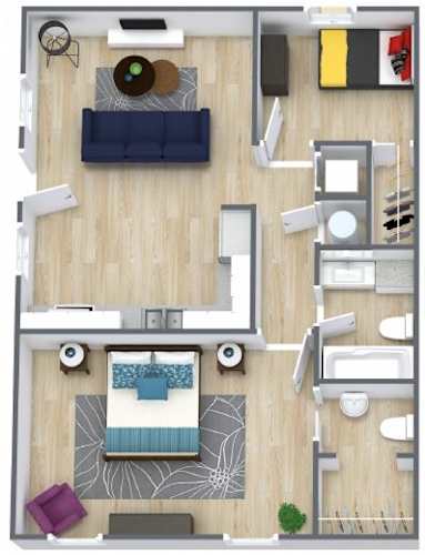 Floor Plan  A top-down view of a living room with a couch, coffee table, and a rug.