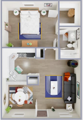 Floor Plan  A top-down view of a small apartment with a bedroom, living room, and kitchen.