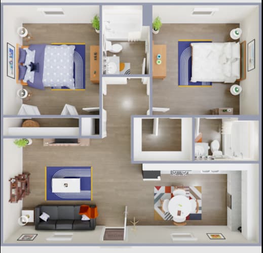 Floor Plan  A top-down view of a modern apartment with a kitchen, living room, and bedrooms.