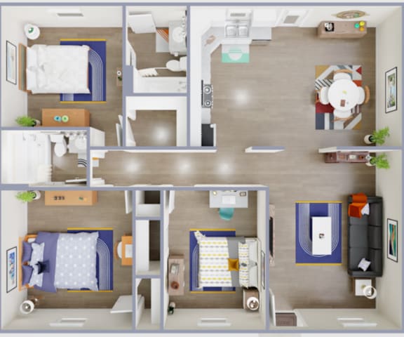 Floor Plan  A top-down view of a small apartment with two beds, a kitchen, and a living room.