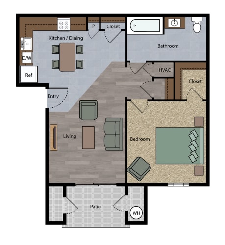Floor Plan  1 bedroom apartment with kitchen, living room, bedroom, bathroom with tub, and patio.