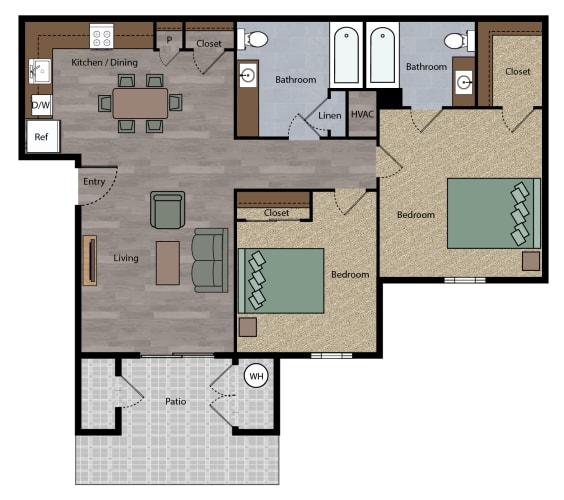 Floor Plan  2 bedroom apartment with kitchen, living room, bedroom, 2 bathrooms with tubs, and patio.