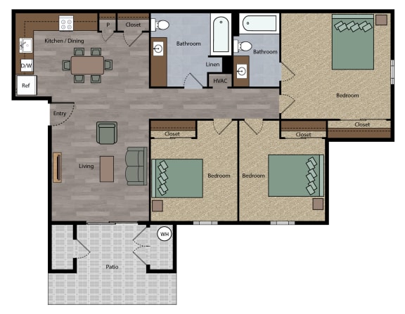 Floor Plan  3 bedroom apartment with kitchen, living room, 3 bedrooms, 2 bathrooms with tubs, and patio.