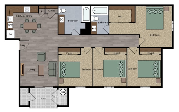 Floor Plan  4 bedroom apartment with kitchen, living room, 4 bedrooms, 2 bathrooms with tubs, and patio.