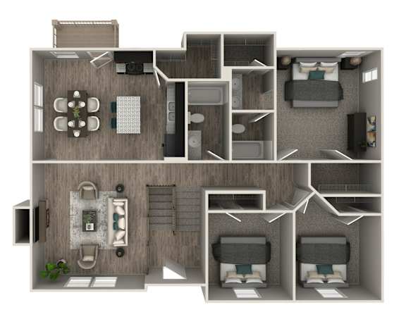 Floor Plan  A 3D floor plan of a house with two bedrooms, a living room, a kitchen, and a bathroom.