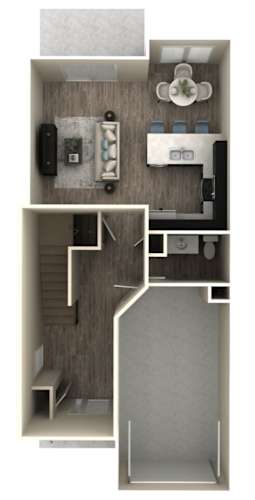 Floor Plan  A 3D floor plan of a small apartment with a kitchen, living room, and bathroom.