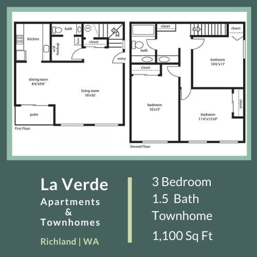 Floor Plan  La Verde Apartments Three Bedroom One and a Half Bathroom Floor Plan