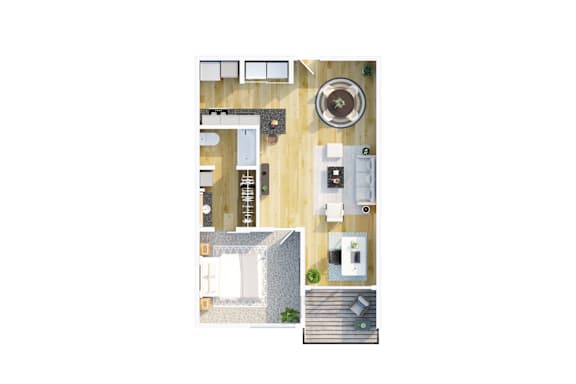 Floor Plan  A top-down view of a house layout with a kitchen, living room, and bathroom.