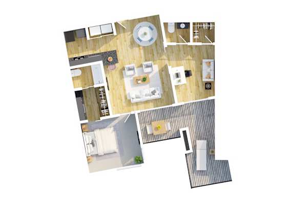 Floor Plan  A top down view of a house with a kitchen, living room, dining room, and bathroom.