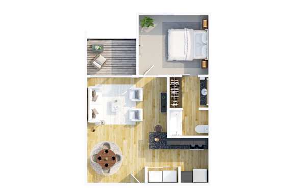 Floor Plan  A top down view of a kitchen, dining area, and living room.