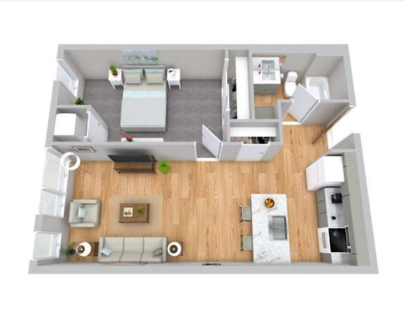 Floor Plan  A top-down view of a modern apartment layout with a living room, kitchen, and bedroom.