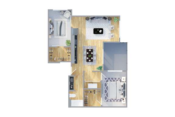 Floor Plan  A top-down view of a house layout with a kitchen, living room, and bedrooms.